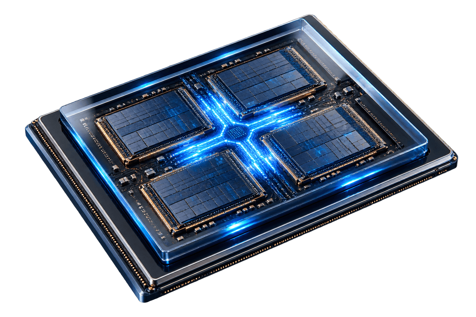 Chip Digital CIM tùy biến với bốn cụm xử lý, đặt trên bản vẽ kỹ thuật có chuỗi xung vuông chạy xuyên qua chip.